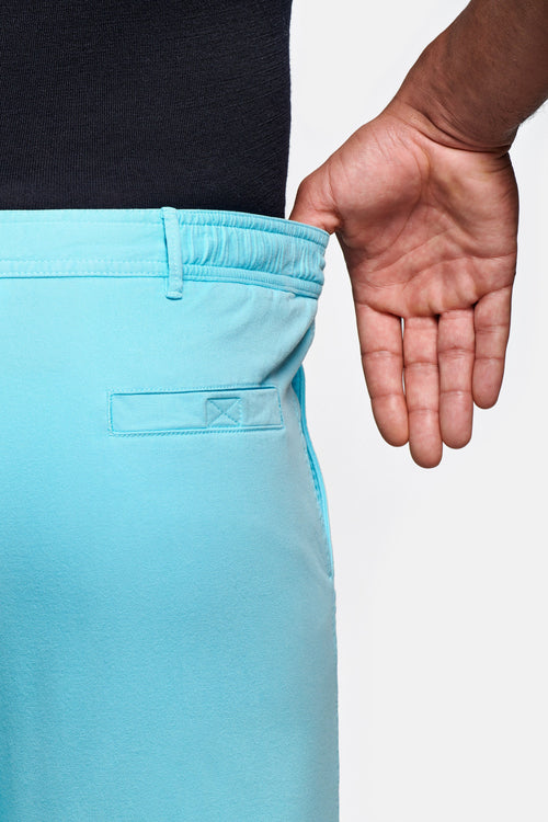turquoise blue stretch cotton men's shorts with a zip pocket | MR MARVIS