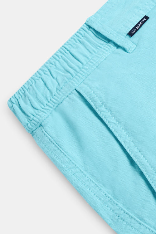 turquoise blue stretch cotton men's shorts with a zip pocket | MR MARVIS
