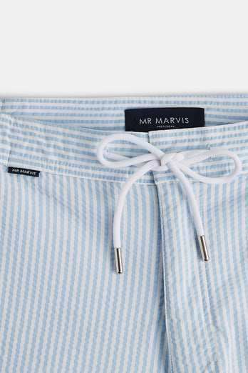 Pontoons * The Seersucker Swims light blue & white striped men's swim shorts | MR MARVIS