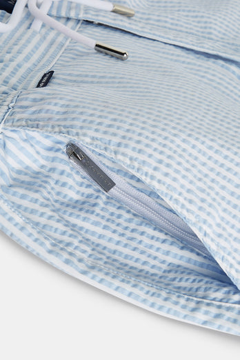 Pontoons * The Seersucker Swims light blue & white striped men's swim shorts | MR MARVIS