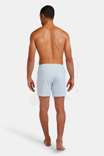Pontoons * The Seersucker Swims light blue & white striped men's swim shorts | MR MARVIS
