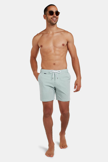 Trawlers * The Seersucker Swims green & white striped men's swim shorts | MR MARVIS