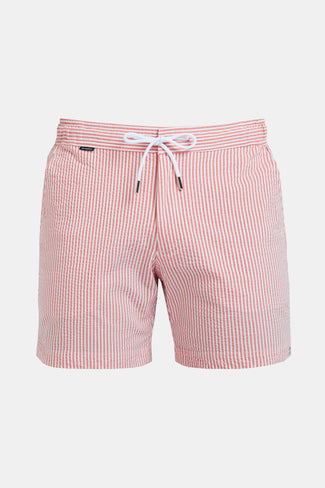Decks * The Seersucker Swims brick red & white striped men's swim shorts | MR MARVIS