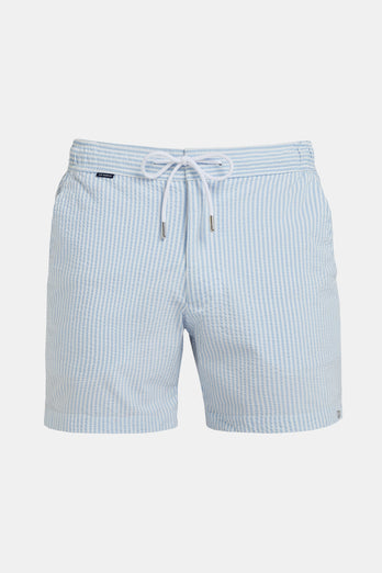 Pontoons * The Seersucker Swims light blue & white striped men's swim shorts | MR MARVIS