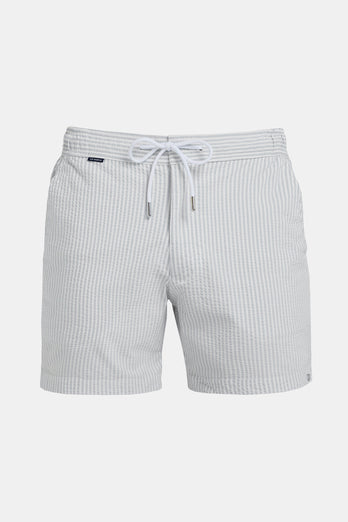Runabouts * The Seersucker Swims light grey & white striped men's swim shorts | MR MARVIS