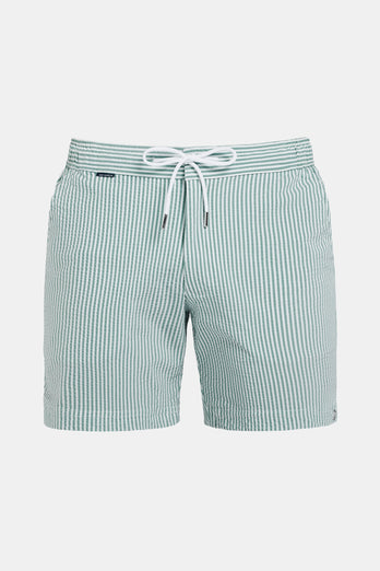 Trawlers * The Seersucker Swims green & white striped men's swim shorts | MR MARVIS