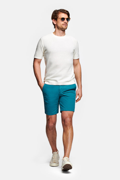 petrol blue stretch cotton men's shorts with a zip pocket | MR MARVIS