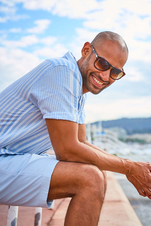 light blue stretch cotton men's shorts with a zip pocket | MR MARVIS