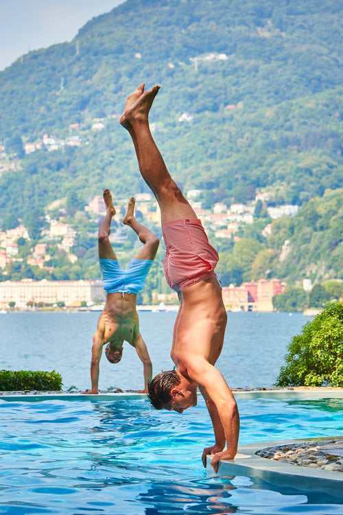 brick red & white striped men's swim shorts | MR MARVIS