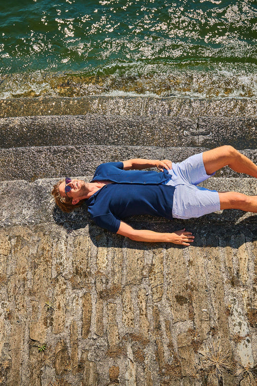 dark blue and white striped lightweight men's shorts | MR MARVIS