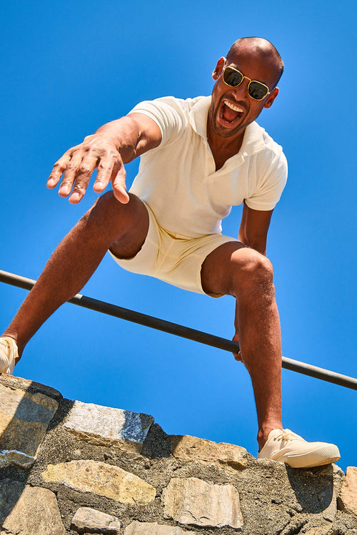 light yellow and white striped lightweight men's shorts | MR MARVIS